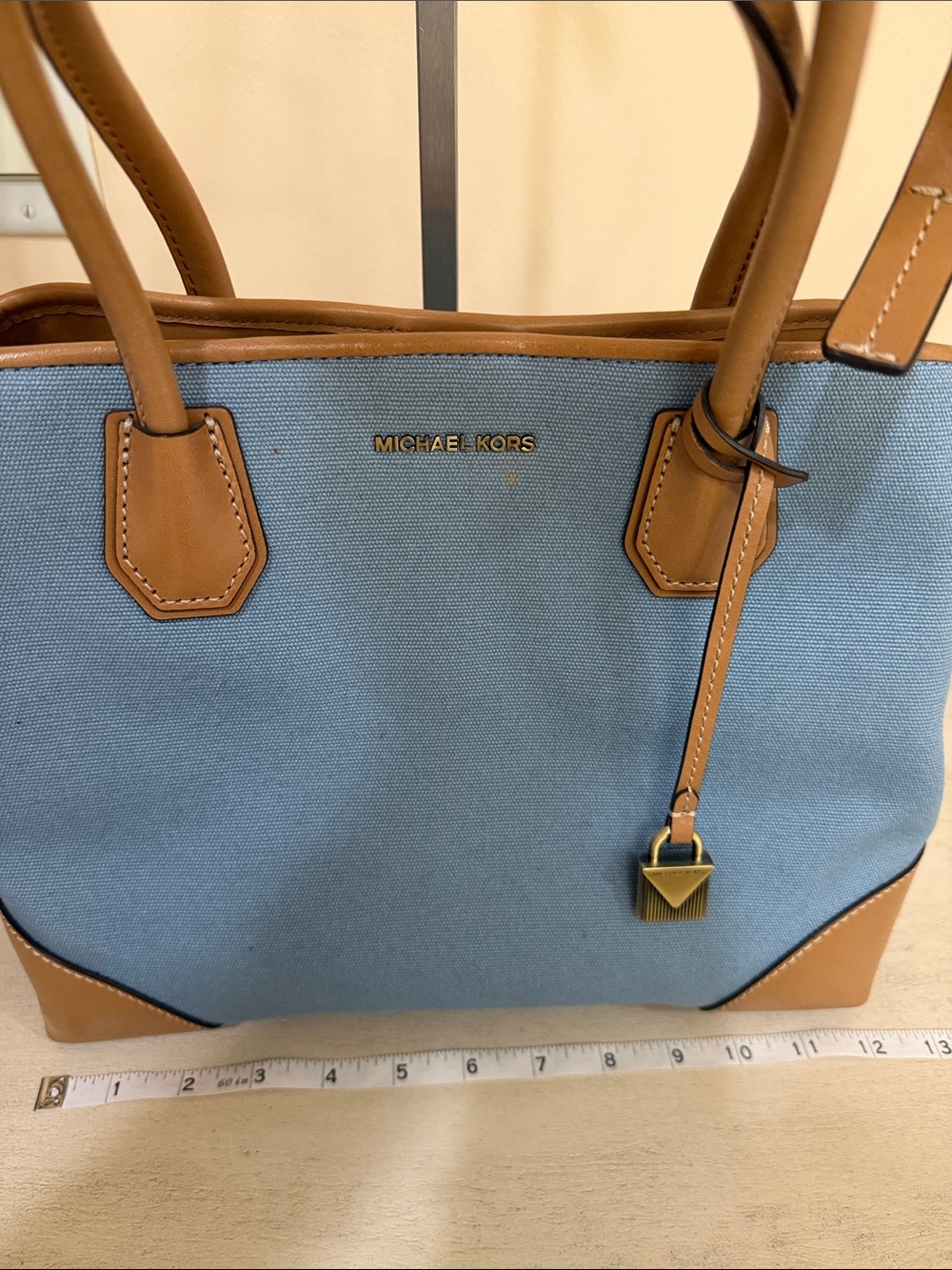 Michael Kors Blue Canvas and Tan Leather Satchel - Picture 6 of 9